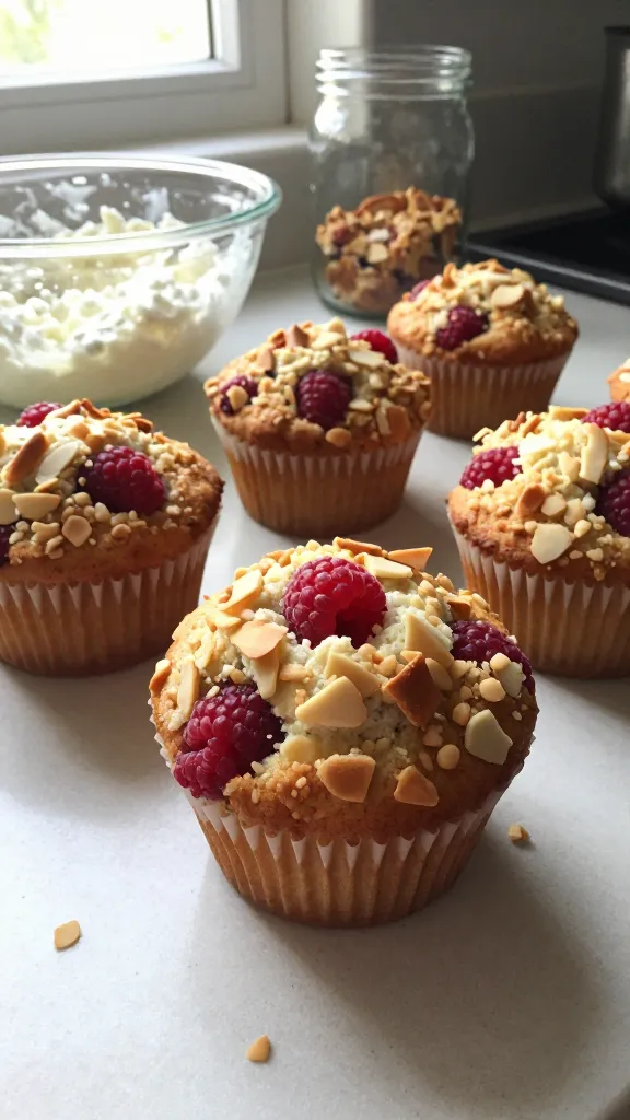 A real, authentic photo of Raspberry Almond Crunch Muffins as the main subject, with bright raspberries visible in the muffin centers and a crunchy almond topping, one muffin front-and-center showing a soft, airy cottage cheese interior. The scene is casually arranged on a simple kitchen counter next to a mixing bowl with a scoop of cottage cheese and a dusting of sliced almonds. Natural window light pours in from the side, creating gentle highlights and soft shadows. Slightly imperfect composition: a little tilt of the horizon, a few stray almond flakes on the counter, subtle fingerprints on a glass jar, and a casual, "taken in a hurry" feel. The muffins should appear freshly baked, with a warm golden crust and visible almond crunch. No words or text in the image. Include realistic phone-camera imperfections: minor overexposed highlights on the raspberries, light lens flare near the edge, faint motion blur from a casual hand position, and a grainy texture that varies with light. Use a compressed, 1080p quality look, with no staging, no overt professional setup, and a slight post-processing touch that keeps it natural and less AI-detectable (e.g., simple color adjustments and a subtle, non-intrusive sharpen). Overall vibe: cozy, approachable brunch treat, shot quickly as if for a family cookbook.
