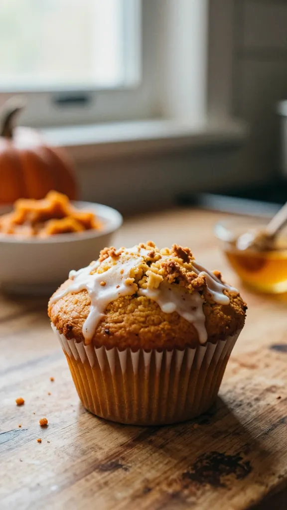 A close-up shot of a rustic muffin still warm on a worn wooden kitchen counter, featuring a pumpkin-spice cottage cheese muffin with a light glaze drizzled over the top and a subtle crumble texture. The muffin sits near a small bowl of pumpkin puree and a teaspoon of honey, with a softly blurred autumn-inspired background hinting at a cozy kitchen window. Natural window light streams in, creating gentle highlights and a warm, inviting glow. The scene includes a slightly imperfect, casual vibe: a fingertip-smudge on the muffin’s glaze, a tiny crumb trail on the counter, and a tilted horizon line from handheld shooting. Subtle overexposed highlights on the muffin top, slight lens flare from the window, minor motion blur from a quick snapshot, and film-grain that varies with the light. The photo appears taken quickly, no staging, with no visible text and no signs of AI-generation. Shot in 1080p-like quality, with a hint of post-processing that is understated and natural. The main subject (pumpkin spice cottage cheese muffin) remains the focal point, conveying warmth, moisture, and autumn comfort.