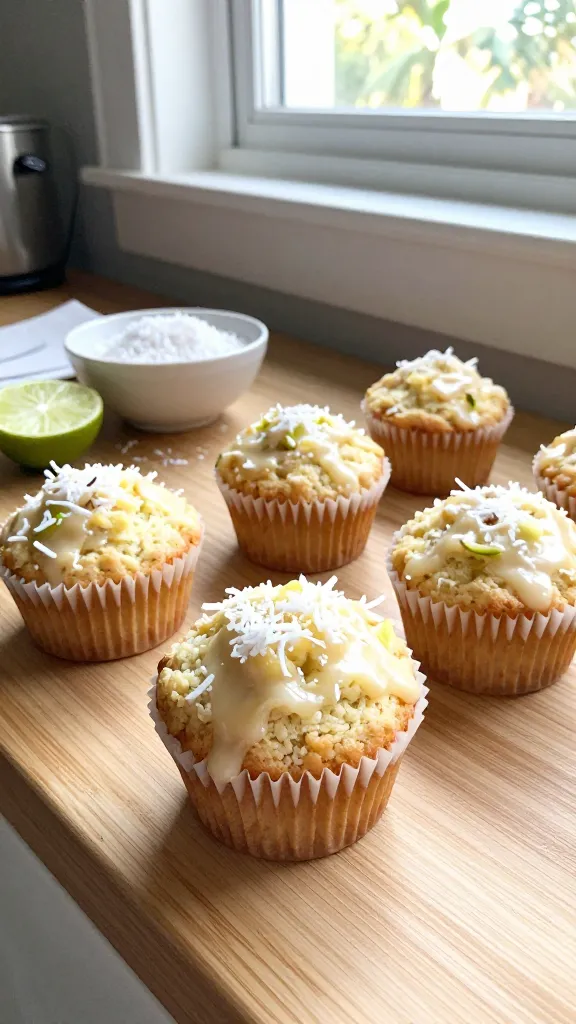 A real, authentic photo of Coconut Lime Cottage Cheese Muffins, bright tropical vibes, placed on a light wooden kitchen counter by a sunny window. The muffins should look moist with visible shredded coconut and a hint of lime zest, some muffins topped with a light lime glaze. Natural window light streaming in, casual composition: a few muffins in a messy paper liner, a small bowl of unsweetened shredded coconut and a lime half nearby, a softly blurred background suggesting a home kitchen. Slight imperfections: a touch of overexposed highlights on the glaze, subtle lens flare from the window, a tiny motion blur on a stray napkin, and a slightly tilted horizon. Grain varies with light, minor camera shake implied by a casual hand-held look. No words on image. Shot quickly, no staging, no professional lighting, no depth of field emphasis. Compressed, 1080p quality, fingerprint on lens and a hint of post-processing that feels natural but not overtly digital.
