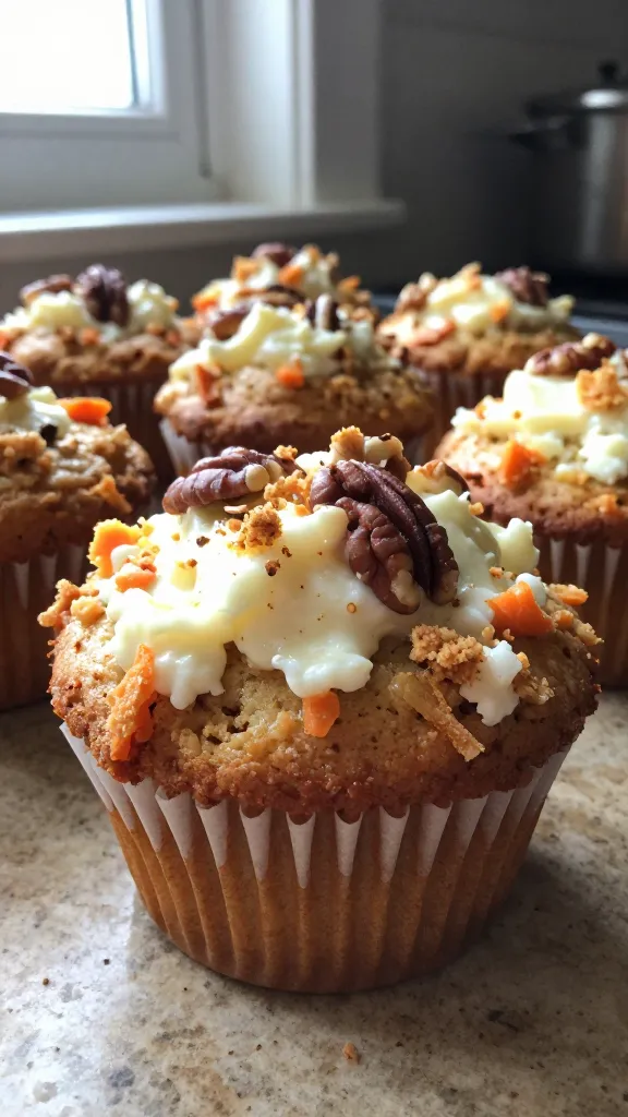 A close-up photo of carrot cake cottage cheese muffins on a rustic countertop, the main subject clearly the muffin with visible grated carrot, specks of spice, and a creamy cottage cheese crumb topping; walnuts or pecans crumbled on top for texture. Natural window light from the left casts soft shadows, a casual, imperfect setup as if photographed in a home kitchen. Slight overexposed highlights on the muffin rims, small lens flare from the window, a tiny tilt of the horizon, and subtle motion blur from a hand-held shot. Warm, inviting colors with the muffin displaying moisture and fluffy crumb, a hint of kitchen clutter in the background, no staged posing. Slight grain varies with light, compressed 1080p quality, no text, no branding, no heavy editing. Taken in a hurry, no staging, fingerprint on lens imperfections visible. Optional: minor post-processing to give a natural feel without looking artificial; overall shot resembling an everyday, real-life bake moment.