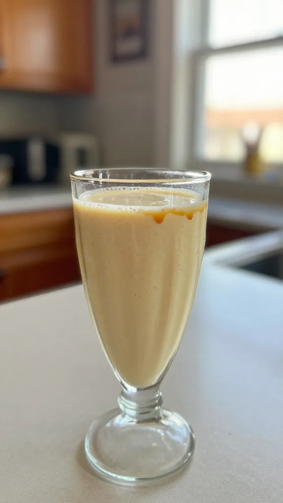 A real, authentic-looking photo of a creamy Banana Bourbon Shake (Non-Alcoholic Version) presented in a simple glass with a velvety, pale-yellow texture and tiny specks of vanilla and banana. The drink sits on a casual kitchen counter near a window with natural daylight streaming in, creating soft, slightly overexposed highlights. The shot feels unposed and hurried, as if snapped quickly with an iPhone. Slight imperfections: a fingerprint smear on the lens, a faint lens flare from the window, a touch of motion blur from a gentle hand movement, and a small tilt in the horizon. The glass shows a delicate caramel drizzle along the rim, a hint of vanilla bean specks, and a smooth, latte-like sheen. The background is softly blurred with warm, natural tones of a cozy kitchen; no text anywhere. The image has compressed, 1080p quality, with subtle grain varying by light, giving a casual, no-staging, everyday feel. Optional light post-processing: gentle flat color shift and a tiny sharpening pass to mimic casual phone photo quirks, but no clear signs of AI generation.