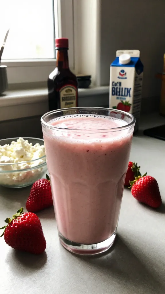 A natural, candid kitchen scene featuring a strawberry-based cottage cheese smoothie as the main subject, captured as if photographed with an iPhone in a real-life, everyday moment. The cup or glass should show a creamy pinkish smoothie with visible flecks of strawberry and a light foamy top, sitting on a clutter-free kitchen counter near a window. Include ripe strawberries around the glass and a small bowl of cottage cheese nearby, with a splash of vanilla extract bottle and a splash of almond milk carton for context. Use warm, natural window light streaming in to create gentle shadows and a slightly overexposed highlight on the glass edge. The composition is casual and imperfect: slight tilt of the horizon, a bit of finger on the lens edge, minor reflections on the glass, and subtle grain that varies with the light. Capture a realistic, "taken in a hurry" vibe – no staging, no dramatic setup, just a quick, authentic snapshot. Convey a sense of after-ride refreshment or post-meeting reward. The image should look like compressed, 1080p quality, with small camera imperfections such as minor motion blur on the background, no text on the image, and a hint of post-processing that keeps it natural but not overly polished (e.g., slight smart blur with sharpening, gentle color balance). Ensure the main subject remains clearly identifiable as a strawberry-cottage cheese smoothie, emphasizing the bright red strawberries, creamy texture, and casual, everyday kitchen setting.