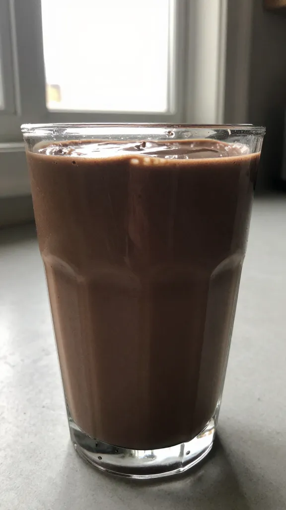 A real, authentic photo of a chocolate peanut butter smoothie made with cottage cheese, photographed in casual, natural window light. The cup sits on a casual kitchen or breakfast bar setup, slightly imperfect and undramatic, as if photographed quickly on an iPhone. The texture should look mousse-like and creamy, with a rich chocolate color and hints of peanut butter swirls. Include subtle, realistic imperfections: a few overexposed highlights from the window, gentle lens flare, minor motion blur from a quick pour, and grain that varies with the light. The horizon should be slightly tilted, and the scene appears unscripted and in-the-moment—no staging. No text on the image. The photo should feel like “shot quickly,” “taken in a hurry,” with a natural, 1080p-ish quality that implies a casual, real apple-to-mouth moment, perhaps with a fingerprint on the lens and a slight compression to resemble a phone capture. Optional light post-processing hints: a mild, believable bump in contrast and a subtle, flat color tone to mimic a casual iPhone shot, but nothing glossy or overly polished. Ensure the main subject aligns with the heading: a chocolate peanut butter dream smoothie made from cottage cheese.