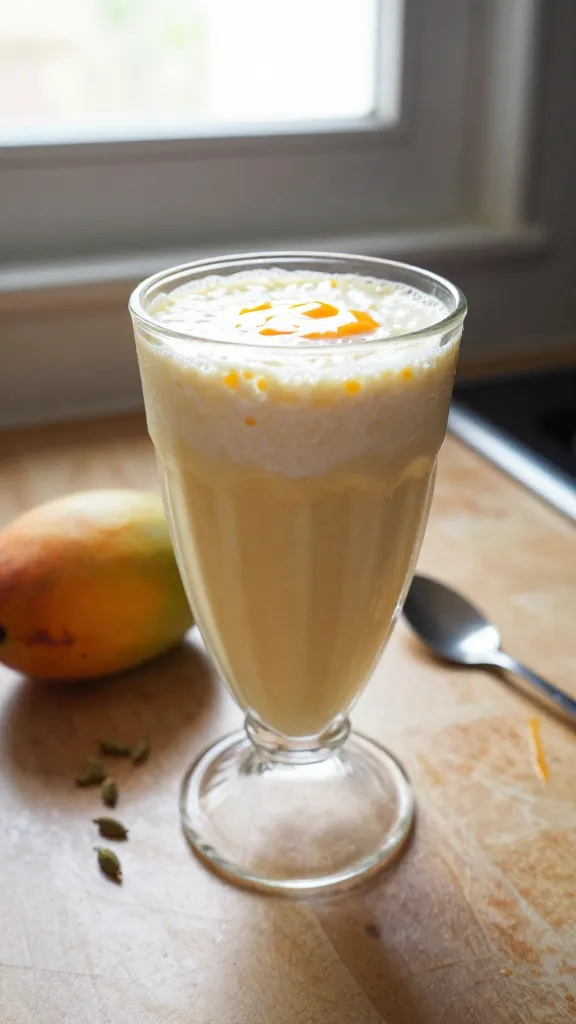 A real, authentic photo of a Mango Lassi-Inspired Protein Shake featuring cottage cheese as the main subject, captured in natural window light. The drink should look like a casual, café-like smoothie in a tall glass with a frothy top and a hint of mango color, placed on a warm kitchen counter next to a ripe mango and a pinch of cardamom pods. The scene should feel unstaged: maybe a slightly messy tabletop, a spoon resting nearby, and a subtle reflection on the glass. Shoot quickly with an iPhone-style vibe: slight overexposed highlights on the glass, a gentle lens flare from the window, minor motion blur from a passing hand or a bumped surface, and a bit of grain that varies with the light. Horizon slightly tilted, natural imperfections like fingerprints on the lens, and a casual, candid composition. No text on the image. The image should be compressed, 1080p quality, with a hint of post-processing that keeps it looking natural and a bit imperfect, as if taken in a hurry and not staged. The subject should prominently convey the cottage cheese-based mango protein shake, emphasizing the protein-rich, yogurt-like tang and tropical mango vibes.