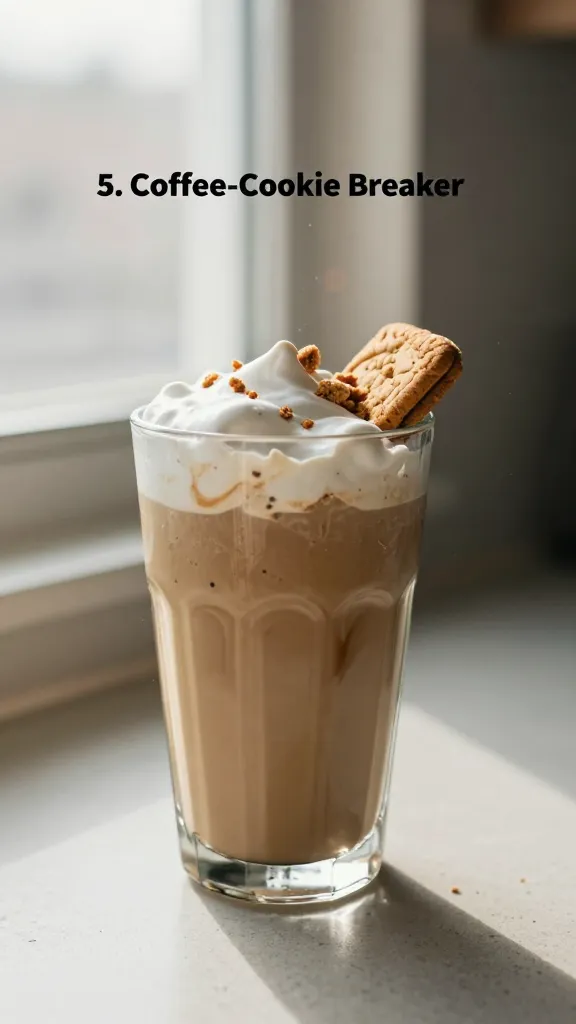 A real, authentic photo of a glass smoothie featuring a cottage cheese-based coffee-cookie flavor, titled “5. Coffee-Cookie Breaker” in the scene. The drink sits on a casual kitchen counter by a sunny window, captured in natural window light with soft, warm tones. The glass shows latte-creamy texture with visible cookie pieces swirled in, topped with a light whipped topping and a few crumbled cookies around the rim. Include espresso or strong cold brew visible as a dark swirl, and a faint reflection of daylight on the glass. The composition is imperfect and candid: slightly tilted horizon, a fingerprint smudge on the glass, minor motion blur from a quick snap, and a few grains of light speckling the scene. The image should feel like a shot taken quickly, no staging, no professional setup, compressed 1080p quality, with natural lens flare from the window. No text on the image. Optional subtle post-processing hints: slight smart blur with gentle sharpening, colors toned down a bit to resemble a casual, everyday photo. No AI-identifying artifacts; preserve a realistic, stamp-on-the-spot coffee moment vibe.