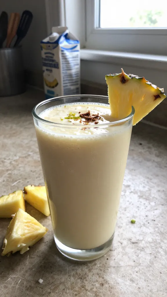 A candid, real-life iPhone photo of a rustic kitchen counter scene featuring a glass of creamy pineapple-coconut cottage cheese smoothie as the main subject, with frosty pineapple chunks and a sprinkle of lime zest visible nearby. The setting shows a casual, homey vibe: natural window light streaming in, a slightly cluttered countertop, a few kitchen utensils, and a half-used carton of cottage cheese in the background. The smoothie should look velvety and thick, with a light, tropical aroma implied by a tiny pineapple wedge and a shredded coconut speck or curl on the rim. Add subtle, real-life imperfections: a few tiny bubbles on the surface, faint fingerprint marks on the glass, gentle overexposed highlights from the window, a hint of lens flare creeping in from the side, slight motion blur from a quick hand-tour of the camera, and a slightly tilted horizon. The image should feel unposed, like it was taken in a hurry or grabbed mid-prep, with natural grain and compressed, 1080p quality. No text on the image. Optional subtle post-processing hints: a tiny overall wash to reduce AI detection (e.g., slight smart blur with gentle sharpening, recolored with a flat, low-contrast look). The main subject must clearly convey a pineapple-coconut cottage cheese smoothie, in a realistic, home-shot style that resembles an authentic iPhone capture, not staged or AI-generated. Include natural imperfections and a casual composition to reinforce authenticity.