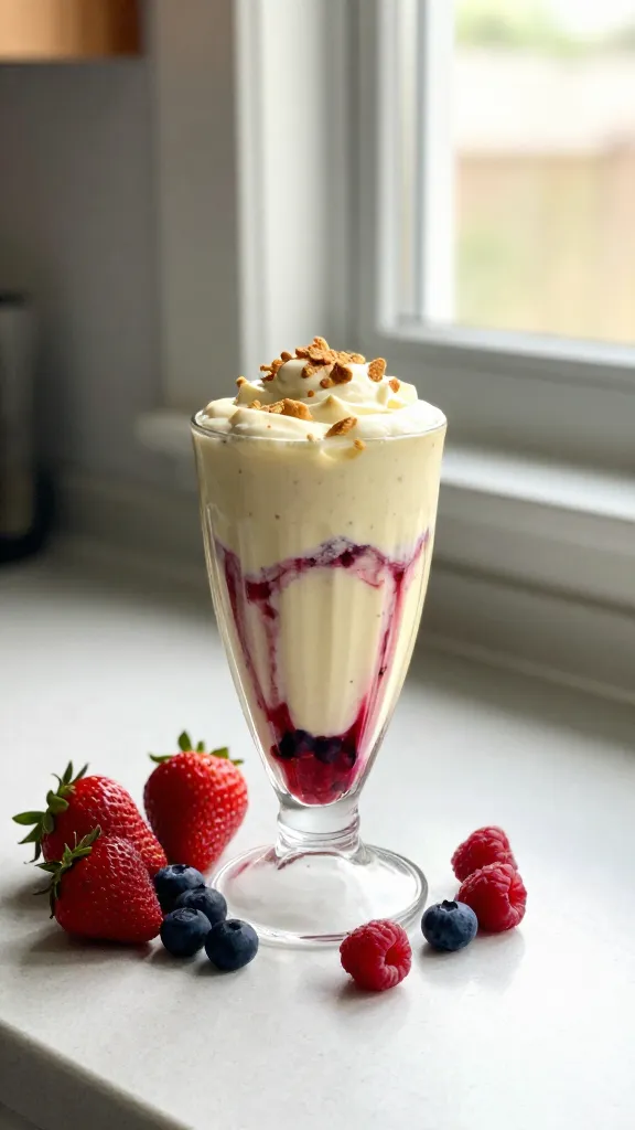 A real, authentic photo-style image of a Berry-Casilese Cheesecake Shake inspired by the article's 7. Berry-Casilese Cheesecake Shake. The main subject is a creamy cheesecake-smoothed smoothie in a tall glass, swirled with berry ribbons, set on a casual kitchen counter near a window. Include cottage cheese flecks visible in the smoothie for texture, a handful of mixed berries (strawberries, blueberries, raspberries) arranged around the glass for color brightness, and a few graham cracker crumbs lightly sprinkled on top. The scene should feel unposed: natural window light streaming in, soft shadows, and a slightly imperfect composition. Capture subtle iPhone-like imperfections: a few tiny highlights from the glass, slight lens flare, a touch of motion blur from a passing hand or utensil, and a gently tilted horizon. The glass and berries should appear fresh and inviting, with a hint of spoon-ready texture implied rather than overtly staged. Keep the image at compressed, 1080p quality with no text, no logos, and no added typography. Optional subtle post-processing hints: slight smart blur with sharpening and mild color tweaks to preserve a natural look, avoiding any cinematic or studio feel. Overall vibe: quick snapshot, no staging, fingerprint on lens implied, no heavy editing.