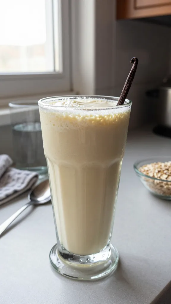 A candid, photo-quality shot of a creamy Vanilla Bean Power Shake featuring cottage cheese as the secret creaminess, presented in a tall glass with a lightly frosted rim. The shake should have a smooth vanilla hue with visible vanilla bean specks, optional vanilla bean pod garnish refracting soft window light. Set on a casual kitchen counter near a window, showing natural daylight, slight clutter, and everyday props like a spoon, a glass of water, a towel, and a small bowl of oats to imply a post-workout routine. The scene should feel real and un-staged: a quick, no-nonsense vibe with imperfect realism — slight overexposed highlights on the glass, gentle lens flare from the window, subtle motion blur from a quick hand shake, and a small tilt of the horizon. Include fingerprint smudges and dust on the glass and a faint grain that varies with the light to enhance authenticity. The composition should read as “shot quickly” and “taken in a hurry” rather than polished studio photography. The image should be compressed 1080p quality, with no text and no words visible. Optional subtle post-processing hints: a light, non-uniform color lift and a tiny touch of sharpening, but nothing that reads as AI-generated perfection. No staged poses or perfect symmetry; a real-life, everyday kitchen moment after a workout or as a deserving treat.