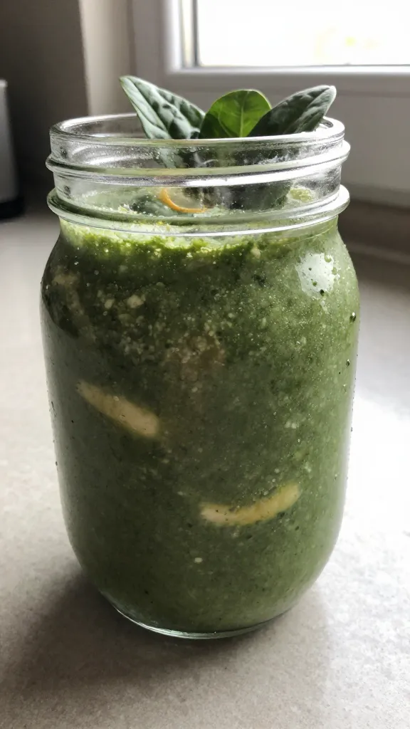 A real, authentic photo of a Green Goddess Power Shake as the main subject, shot as if taken by an iPhone in natural window light. Casual kitchen counter scene with a glass or mason jar filled with a vibrant green spinach-cottage cheese smoothie, hint of banana and lemon visible in the blend, and a few leafy greens casually peeking from the top. Subtle, imperfect details: slight overexposed highlights on the glass and liquid, small lens flare near the edge of the frame, gentle motion blur from a quick pour, grain that varies with light, and a slightly tilted horizon. The scene feels un-staged and everyday—no professional lighting, no dramatic depth of field. Minor fingerprint on the lens, a casual, hands-off vibe as if someone just blended and grabbed the photo in a hurry. Composed in a natural, 1080p-like quality with a casual, “screenshot-like” aesthetic, as if snapped quickly on an iPhone. No text overlays or words in the image. Optional, subtle post-processing hints: a light, imperfect color lift and a tiny compression artifact to reinforce a real-device capture.