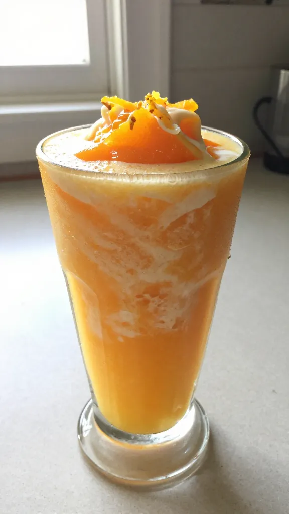 A real, authentic photo of a bright Orange Creamsicle Smoothie in a glass, featuring cottage cheese visible inside for creaminess, with fresh orange juice and zest, a splash of vanilla, a touch of honey, ice, and a frosty look. Shot casually with natural window light, taken in a hurry, no staging, as if a quick post-workout or morning drink. The scene includes a casual kitchen counter, slightly imperfect composition, and subtle, realistic imperfections: small overexposed highlights from sunlight, gentle lens flare, minor motion blur from a quick snap, grain variation with lighting, and a gently tilted horizon. No text on the image. Optional: a hint of post-processing that looks like a quick crop and minor sharpening, maybe a faint, flat color tone to avoid AI-detection cues. Include a fingerprint on the lens occasionally and a compressed, 1080p quality feel to reinforce authenticity. The main subject should resemble the orange-creamy smoothie in a real-life setting, not studio-lit.