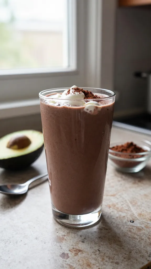 A real, authentic photo of a creamy Chocolate-Avocado Velvet cottage cheese smoothie served in a tall glass, placed on a rustic kitchen counter by an open window. The scene shows natural window light filtering in, casting soft shadows and a slight warm glow. The smoothie is rich and glossy, with dark chocolate avocado hues visible through the glass, and a small dollop of whipped cream or a light dusting of cocoa on top for texture. A few ingredients sit nearby: a ripe avocado cut open, a spoon, and a small bowl of unrefined cocoa powder, all arranged casually to imply a quick mix in a home kitchen. The glass has a touch of condensation, tiny bubbles, and a faint imperfections on the surface to suggest realism. Slight overexposed highlights on the glass, a hint of lens flare from the window, and a minor tilt to the horizon give a candid, non-staged vibe. Subtle grain and minor motion blur on a nearby towel or spoon convey spontaneity. The photo looks compressed, 1080p quality, as if shot quickly with an iPhone in casual, everyday detail—no staging, no text, no heavy post-processing beyond a natural, slightly imperfect finish that hints at real-life cooking. Fingerprint on lens, a faint, accidental tilt, and a mild color shift from natural lighting add to authenticity. The main subject dominates the frame: a chocolate-avocado smoothie thickened with cottage cheese, delivering a dessert-like, indulgent mouthfeel while still appearing as a real, everyday, homemade shake.