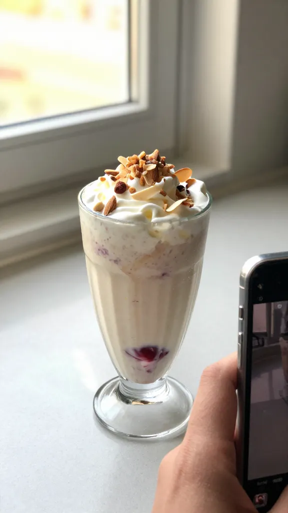 A real-life photo of a cherry almond cottage cheese smoothie in a tall glass on a kitchen counter near a sunny window, handheld iPhone shot, casual composition, slight tilt of the horizon. The smoothie should look creamy with visible fresh or frozen cherries, a subtle almond aroma suggested by a thin almond slice garnish and a light swirl of almond extract scent implied by color depth. Crushed almonds sprinkled on top, a curl of whipped cream for decadence, all presented without staged perfection. Natural window light creates gentle highlights and slight overexposed spots on the glass and counter, with minor lens flare and a touch of grain. The image should feel candid and imperfect: slight motion blur from a quick hand-in-frame, fingerprint marks on the lens, a compressed 1080p quality vibe, and no text or artificial studio cues. Subtle post-processing hints: a slight desaturation with a flat, everyday look, as if scaled down and up again, with minimal sharpening to keep it looking like everyday smartphone capture. Overall mood: cozy, indulgent, and genuinely homemade, with the main subject conveying cottage cheese smoothies as a milkshake-like treat.