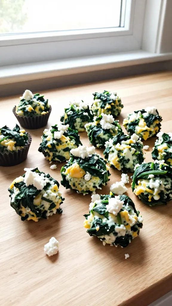 A candid photo of Savory Spinach & Feta Sunrise Bites arranged in a loose, inviting pile on a light wooden kitchen counter, with a few bites placed in mini muffin tins and some crumbled feta and chopped spinach visible. The scene shows the main subject from the article title as the focal point: airy cottage cheese egg white bites with greens, tangy cheese, and a savory kick. Taken in natural window light, with casual composition and a slightly imperfect feel—like a real life breakfast moment. Subtle imperfections: slight glare from the window, a touch of overexposed highlights on a few bites, minor motion blur from reaching for a bite, and a gently tilted horizon. Grain varying with light, fingerprint on the lens, and a casual, unposed vibe that looks like it was shot quickly, no staging. The image appears as compressed, 1080p quality, with no text on the photo. Optional very light post-processing that keeps it look-real: a tiny smart blur with mild sharpening, recolored with a flat, natural tone. No cinematic or studio cues, just a real breakfast snapshot.