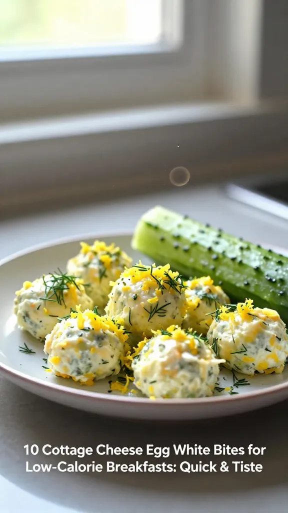 A real, authentic photo of Lemon Zest & Dill Bright Bites inspired by the article title "10 Cottage Cheese Egg White Bites for Low-Calorie Breakfasts: Quick & Tasty." Shot quickly with natural window light in a casual kitchen setting. The main subject is a small plate of egg white bites garnished with finely grated lemon zest and fresh dill, accompanied by a cucumber spear for a refreshing bite, all presented in a simple, unstyled way as if taken in a hurry. The scene includes a few spontaneous, imperfect touches: a slightly overexposed highlight on the plate from the window, a tiny lens flare near the edge, a faint motion blur from a quick hand movement, and a subtle grain that varies with the light. The horizon is mildly tilted, and there might be a fingerprint on the lens for authenticity. The photo looks like compressed 1080p quality, with no staging, no text, and no obvious AI feel. A hint of post-processing is present—light color adjustments and a slight sharpen after a small blur—yet it remains clearly a natural, everyday kitchen shot, not a professional studio image. No words or captions on the image.