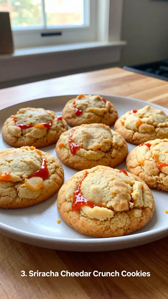 A realistic iPhone-style photo of a plate or tray of Sriracha Cheddar Crunch Cookies that visually convey the “3. Sriracha Cheddar Crunch Cookies” concept from the article. The scene should show a small batch of bite-sized cottage cheese egg white cookies with a cheesy undertone and a hint of red sriracha glaze or drizzle. The cookies should look fluffy with a light, airy texture and a subtle cheddar speckle, with a tiny kick of heat visible in a glossy surface. Set on a casual kitchen counter or wooden table near a window, using natural window lighting to create gentle shadows and warm tones. Composition should be candid and slightly imperfect: a moment caught in a hurry, not staged, with a slightly tilted horizon, a few natural crumbs, and no obvious props beyond a simple plate or parchment. Include realistic phone-cam imperfections: mild overexposed highlights from the sun, a subtle lens flare, minor motion blur perhaps from a quick reach for a bite, grain that varies with light, and a fingerprint or smudge on the lens. Avoid any text in the image, and keep the feel as “shot quickly” and “taken in a hurry” rather than polished studio photography. Optional subtle post-processing hints: slight smart blur with sharpening, compressed 1080p quality, and colors slightly flattened to resemble a casual, real photo.