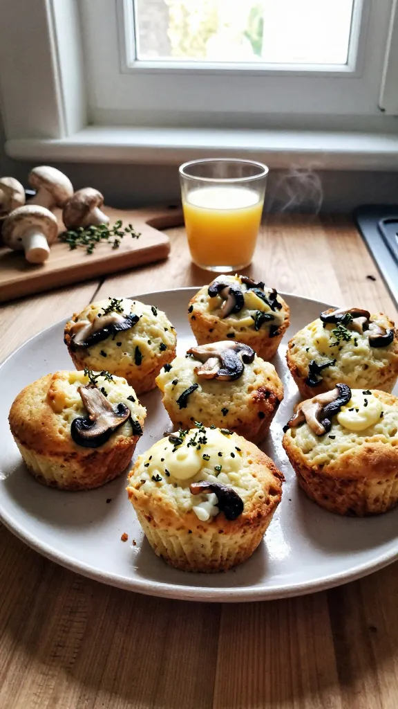 A real, authentic photo of a plate of Mushroom & Thyme Morning Muffins as described in the section, with main subject from the article title: cottage cheese egg white bites featuring earthy mushrooms and fresh thyme, baked into light, savory muffin bites. The scene is set in natural window light, on a rustic kitchen counter or wooden table, with a casual, slightly imperfect composition that feels unposed and candid. The muffins are golden-brown with visible sautéed mushrooms and a hint of fresh thyme, arranged on a simple ceramic plate with a few crumbs for realism. The plate is near a windowsill; a mug or small glass of juice sits nearby to enhance the morning vibe. Subtle kitchen details in the background (a cutting board, a bowl of mushrooms, a pinch of thyme sprigs) contribute to a homey atmosphere. The shot is taken quickly, as if someone paused mid-task, not studio-lit. Include natural camera imperfections: a few slightly overexposed highlights on the plate or plate rim, gentle lens flare from the window, minor motion blur on a napkin edge or steam rising from a hot bite, and a grainy texture that varies with the lighting. horizon may be gently tilted to emphasize spontaneity. The image should feel like it was captured on an iPhone in a real morning moment, with no staging, no text, and no obvious AI artifacts. Optional subtle post-processing hint: slight color balance adjustments and a gentle, natural contrast tweak that keeps it looking like a quick snapshot, not polished. Final vibe: warm, comforting, savory breakfast bite on a chilly morning, grounded and approachable. No words on the image; no cinematic or studio terminology. Shot quickly, 1080p quality feel, fingerprint on lens and compressed look included to enhance realism.