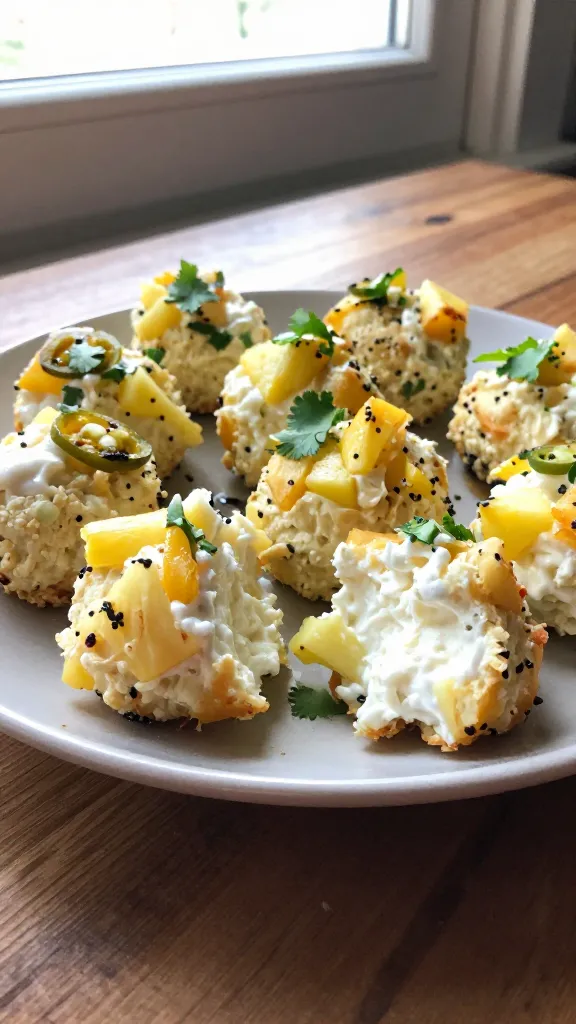 A candid, authentic photo of Pineapple Jalapeño Pop Bites on a simple plate, featuring the main subject from the article title: cottage cheese egg white bites with pineapple and jalapeño, lightly baked with a cilantro garnish. The scene is shot as if taken on an iPhone with natural window light, casual composition, and a slightly imperfect, real-life vibe. Include realistic phone-camera imperfections: slightly overexposed highlights on the pineapple, gentle lens flare from the window, minor motion blur near the edges, and grain that varies with light. A slightly tilted horizon and subtle fingerprints or smudges on the lens add authenticity. Plate rests on a rustic wooden table near a sunlit window, with a few bites broken to show creamy interior and tiny chopped pineapple pieces, minced jalapeño rings for mild heat visible but not overpowering. Colors are warm and inviting, textures of creamy cottage cheese and light-airy bites evident, no text, no words. Shot quickly, no staging, no AI-typical perfection, compressed 1080p quality, with a hint of post-processing that keeps it natural and lightly desaturated to avoid an overtly glossy look. No words on image.