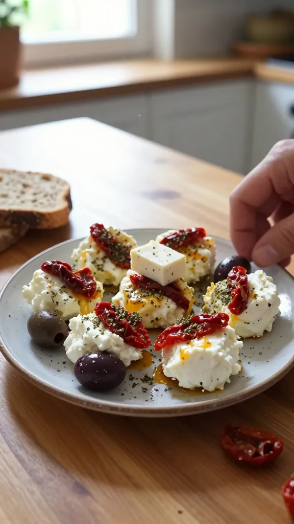 A real, authentic photo of cottage cheese egg white bites arranged on a small, rustic plate with a Mediterranean twist: olives, sun-dried tomatoes, and a light sprinkle of oregano, with a tiny slice of feta perched on top after baking. Shot in natural window light, casually placed on a light wood table near a sunlit kitchen counter. The scene looks like a quick, in-the-moment breakfast shot: imperfect but appetizing, with a slightly tilted horizon, gentle overexposed highlights from the window, and subtle lens flare from the sun. The plate sits off-center, some crumbs nearby, a partially peeled olive and a sun-dried tomato half visible to convey texture. Slight motion blur from a quick hand repositioning the plate, a touch of grain in the shadows, and the overall composition feels unposed and candid, like a real smartphone photo taken in a hurry. No text, no staging, no artificial lighting, just a natural, everyday breakfast moment with a warm, inviting Mediterranean vibe. Optional: a slice of whole-grain bread nearby to suggest pairing. Compressed, 1080p quality, fingerprint on lens and minor imperfections to enhance authenticity. No AI watermark or captions.