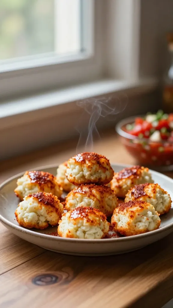 A real-looking photo of Smoky Paprika & Garlic Egg White Bites plated casually on a small ceramic dish, with a few bites arranged imperfectly to reveal their light, fluffy texture. The scene is captured in natural window light, showing warm tones from the paprika and a hint of garlic aroma. Place the dish on a wooden kitchen counter near a sunny window, with a softly blurred background hinting at a tomato-based salsa in a small bowl off to the side. The composition should feel spontaneous and unposed, as if someone just cooked and plated them quickly. Include subtle, authentic camera imperfections: tiny overexposed highlights on the glossy edges of the bites, a faint lens flare from the window, a slight motion blur in the foreground or background suggesting movement, and a bit of natural grain in the image. The horizon should be gently tilted, and the foreground could have a casual, slightly crooked placement. No text anywhere in the image. The image should convey a comforting, smoky, lightly garlicky flavor with paprika providing color and personality, as if photographed on an everyday iPhone in lunch-seconds. Avoid cinematic, 8k, ultra realistic, hyper realistic, professional studio vibes. Use phrases like “shot quickly,” “taken in a hurry,” “no staging,” “fingerprint on lens,” “compressed, 1080p quality,” and “screenshot quality.” Optional subtle post-processing cue: a tiny bit of smart blur and mild color flattening to mimic casual editing, but keep it natural.
