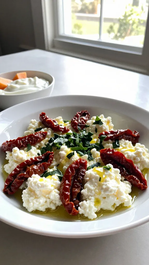 A real-looking photo of a plate or bowl of cottage cheese egg white bites featuring a Sundried Tomato & Basil Burst. The dish should showcase juicy sun-dried tomato bits folded into light cottage cheese, with fresh basil chiffonade visible and a light drizzle of olive oil after baking. Set on a simple breakfast table near a window with natural morning light, casual and imperfect composition. Include a side of fruit or a light yogurt dip to suggest a well-rounded breakfast. The scene should feel unstaged and authentic, as if captured quickly with an iPhone: slightly overexposed highlights from the window, soft natural lens flare, minor motion blur from a casual gesture, and a grainy texture that varies with the light. The horizon can be slightly tilted, and there may be a fingerprint on the lens. No text on the image. The look should be “shot quickly,” “taken in a hurry,” with “fingerprint on lens,” “compressed, 1080p quality,” and “screenshot quality” vibes, with optional subtle post-processing that hints at AI-detector avoidance (e.g., slight smart blur sharpen, gentle color tweak). Avoid words like cinematic, 8k, ultra realistic, hyper realistic, professional photography, studio lighting, depth of field, or perfect composition.