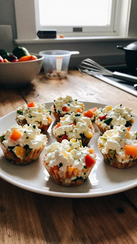 A realistic, candid photo of cottage cheese egg white fiesta cups as the main subject, clearly representing the "Cottage Cheese Egg White Fiesta Cups" idea. The scene should look like an iPhone shot: natural window light streaming in, casual, un-staged composition, a slightly imperfect, authentic feel. The plate or muffin cups filled with a colorful mix of cottage cheese and egg whites with diced veggies peeking through, set on a rustic kitchen counter or wooden table. Include everyday kitchen elements in the background for context (a bowl of veggies, measuring cups, a whisk) but not in sharp focus. Minor imperfections: slight overexposed highlights from the window, small lens flare, a touch of motion blur on a nearby utensil, subtle grain from lighting, and a slightly tilted horizon. Ensure no text is present on the image. The image should resemble a real photo taken quickly, with “fingerprint on lens” or a hint of casual, imperfect processing (scaled down and up again, slight smart blur with sharpening, recolored with a flat paint bucket) to convey a no-staging, everyday breakfast vibe, compressed 1080p quality. No cinematic or studio terms.