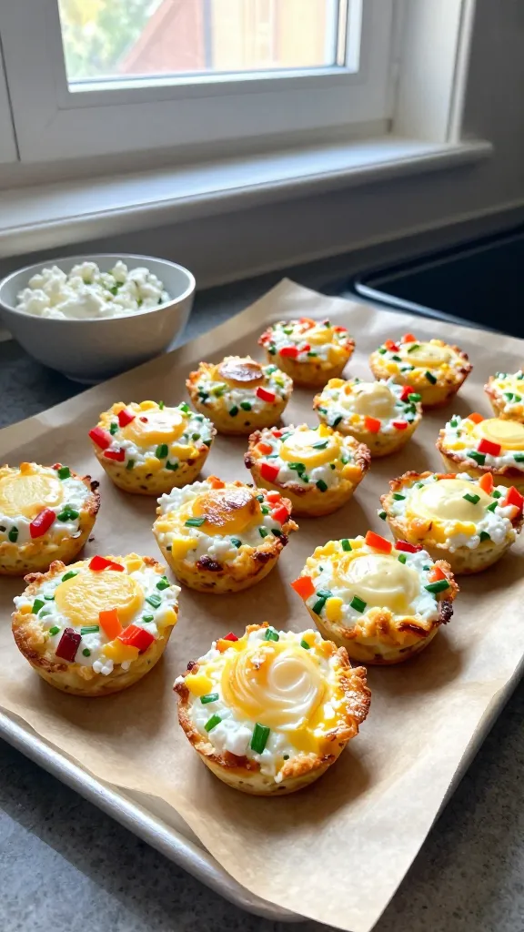 A real-life, candid iPhone photo of Turbo Charged Sunrise Bites on a kitchen counter near a sunny window. The shot features a dozen fluffy, savory bite-sized egg muffins with creamy middles and lightly crisp edges, made from a base mix of eggs and low-fat cottage cheese, with visible flecks of chives and diced red bell pepper. Show a few bites on a rustic parchment-lined tray and a small bowl of cottage cheese with herbs in the background. The lighting is natural window light, creating gentle highlights and soft shadows, with slight overexposed spots and subtle lens flare. The scene is casual and imperfect: a slightly tilted horizon, minor motion blur from a quick snap, fingerprint smudge on the lens, and grain that varies with light. The composition feels un-staged and in a hurry, as if photographed moments after pulling the tray from the oven and before packing for the day. No text, no branding, no obvious staging, and no AI-style polish. Compressed 1080p quality, captured with an iPhone, no depth-of-field emphasis, just a raw, authentic breakfast moment. Optional subtle post-processing hints: minor smart blur with sharpening and a flat recolor to reduce AI detectability, but still looking like a real phone capture.