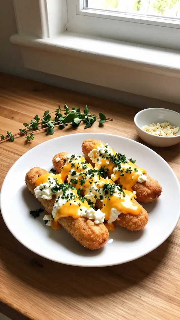 A casual, real-life kitchen scene featuring a plate of Cheesy Garlic Herb Power Poppers made with cottage cheese, melted cheese, minced garlic, fresh parsley and oregano, arranged in a small cluster on a simple white plate. The plate sits on a wooden countertop near a bright window, with natural sunlight casting gentle shadows and a warm, homey vibe. Include a few herb sprigs and a small bowl of crushed garlic nearby for context. The shot should feel unposed and authentic, as if someone grabbed a bite mid-prep: slightly imperfect, with a casual composition. Capture subtle iPhone-like imperfections: slight overexposed highlights from the window, tiny lens flare near the edge, a touch of motion blur from a quick hand reposition, and a mild grain that varies with light. Horizon slightly tilted, no visible screen or reflections of studio lighting. The image should look like “taken in a hurry” with no staging, no visible text, and no labels. Optional light post‑processing hints: a minor, natural color tweak to resemble compressed 1080p quality with gentle sharpening, but keep the overall photo feel unpolished and realistic.
