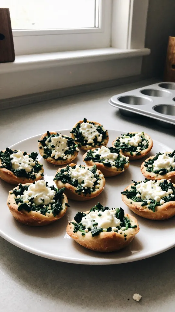 A candid, real-life kitchen scene featuring a plate of Spinach Feta Texture Tusions—the main subject from the article title—presented as a batch of bite-sized, savory pastries with a visible creamy cottage cheese center and flecks of spinach and feta. The setting is a home kitchen with natural window light pouring in, casual and imperfect: a slightly cluttered counter, a few crumb trails, and a white muffin tin holding neatly shaped bites. The photo should resemble an iPhone snap: slight overexposed highlights from the window, a soft lens flare near the edge, minor motion blur from reaching for a bite, and natural grain that varies with the light. The horizon tilts subtly, and there are fingerprint marks on the lens to enhance authenticity. Colors should be warm and inviting, highlighting the greens of spinach, the white cottage cheese, and the tangy feta, without any text overlays. The scene looks un-staged, taken in a hurry, with a casual composition—no professional lighting or studio setup, just everyday, realistic kitchen ambiance. Optional subtle post-processing hints: a light, imperfect sharpen and gentle color tweak that keeps the image feeling immediate and unpolished, reminiscent of “scaled down and up again” editing, while avoiding any AI-detection flags. Compressed 1080p quality, no words or logos visible.