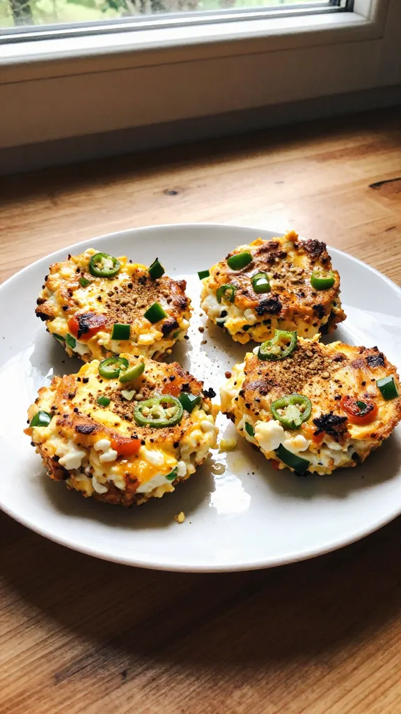 A real, authentic photo of a plate of 4 spicy jalapeño lime protein egg bites with cottage cheese, styled as a casual, everyday kitchen scene. The bites are bright and zippy, with visible jalapeño shards and lime zest specks, a light dusting of cumin, and a glossy, set texture. The plate sits on a rustic wooden counter near a window with natural sunlight streaming in, creating warm, forgiving shadows. Include subtle, natural imperfections: a slightly overexposed highlight on the plate edge, a small lens flare in the corner, tiny crumbs or micro-splashes of sauce, a hint of motion blur from reaching for a bite, and a faint tilt to the horizon for realism. Capture with an iPhone feel: compressed 1080p quality, slight grain in low light areas, fingerprint-like smudge on the lens corner, and an unposed, “taken in a hurry” vibe—no staging, no props beyond a simple kitchen setup. No text on image. Optionally suggest a light, quick post-process that keeps it looking natural: gentle desaturation on UI-like sheen, no heavy edits, just a subtle, real-camera finish.