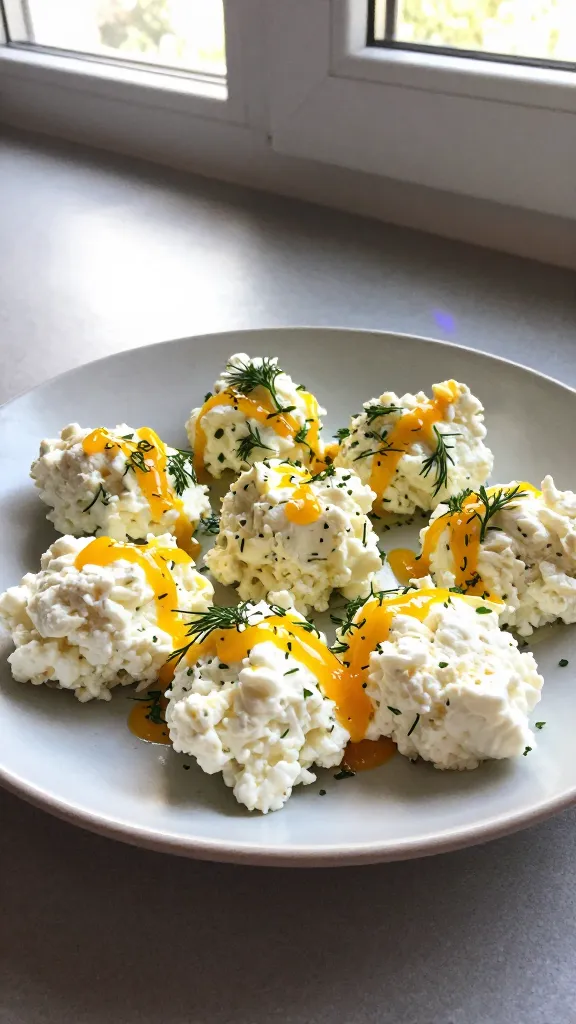 A real, authentic iPhone photo of a plate of Sunshine Herb Citrus Delights: fluffy cottage cheese and eggs bites glistening with bright citrus zest and fresh dill, set on a simple ceramic plate with a few herb sprigs. Natural window light streaming in from the side, casual countertop scene, slight imperfect composition as if taken in a hurry. Subtle overexposed highlights on the citrus zest, a touch of lens flare near the edge, minor motion blur from a quick snap, and grain that varies with the light. Slightly tilted horizon to enhance realism. No staging or visible text. No words on the image. Compressed, 1080p quality, finger print on lens hint, no AI-styled perfection, maybe a hint of post-process that looks like a quick edit but still looks natural.