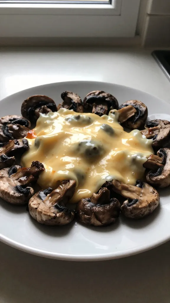 A close-up, real-feel photo of a plate of Mushroom Swiss Dream Bites as the main subject, featuring earthy sautéed mushrooms folded into a creamy Swiss cheese center, with a few bites showing the melted cheese and moist texture. The shot is taken on a simple kitchen counter setup with natural window light coming from the side, casual, imperfect composition, and a slightly tilted horizon. The plate appears authentic and un-staged, with minor imperfections like a fingerprint on the lens, a small glare from the window, and gentle overexposed highlights on the cheese. The scene should convey a cozy, cooler-morning or post-ride snack vibe, with a tiny drizzle of hot sauce visible for a pop of color. Realistic phone-camera feel: slight motion blur in the background, grain that varies with the light, and no visible text. The image should resemble a quick smartphone capture, compressed, 1080p quality, with no heavy retouching, no cinematic or studio lighting cues, and no AI-generated artifacts. Optional subtle post-processing hint: a tiny touch of smart blur followed by light sharpening, and a very mild color tweak for a natural look.