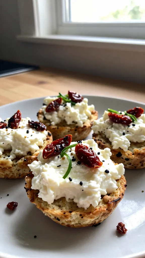 A real, authentic photo of Sun-Dried Tomato and Basil Sprinkles on protein egg bites with cottage cheese, styled as a casual lunch or on-the-go snack. The main subject from the article title is the bite (protein egg bites with cottage cheese) prominently featured on a simple plate or small bowl, with visible sun-dried tomato bits and delicate basil ribbons sprinkled on top. The scene is shot in natural window light, with a relaxed, imperfect composition: slightly off-center plate, a few crumbs or herbs nearby, and a glimpse of a kitchen countertop or wooden table in the background. Capture the casual, “taken in a hurry” vibe: no staging, everyday breakfast/lunch setup, a hint of movement as if just picked up a bite. Include realistic phone-camera imperfections: slightly overexposed highlights on the cottage cheese, subtle lens flare from the window, minor motion blur on a nearby hand or utensil, grain that varies with light, and a slightly tilted horizon. The image should feel like a real photo from an iPhone, with compressed 1080p quality and fingerprint smudges on the lens in a natural way. No text on the image. Optional light post-processing that keeps it grounded in realism (e.g., slight smart blur with sharpening, small color adjustment) but avoid anything that reads as staged or overly polished.