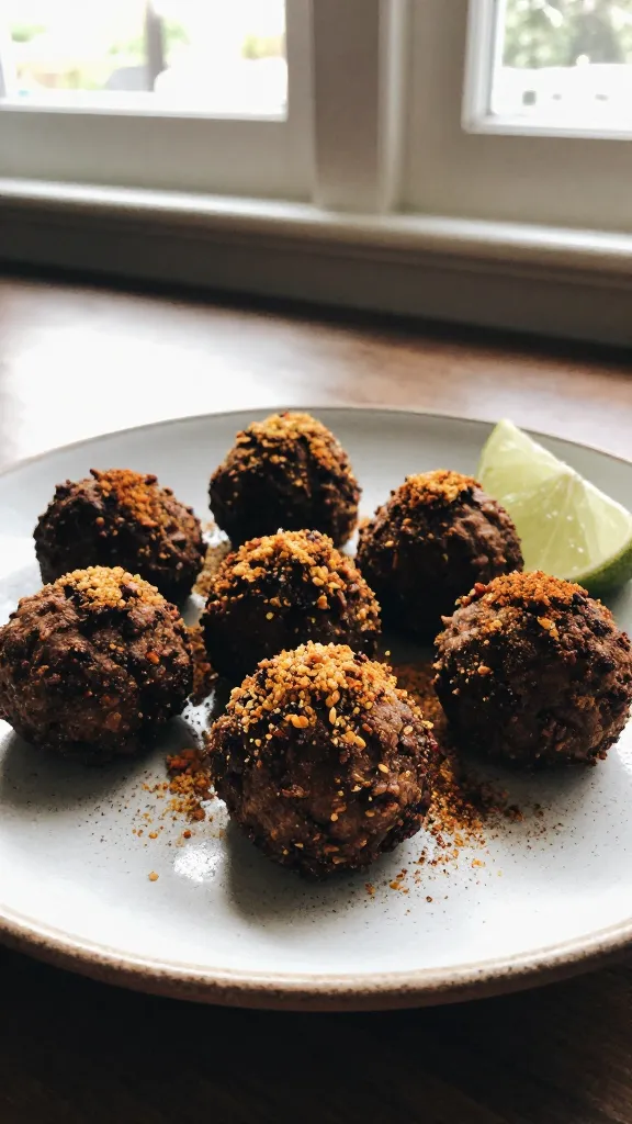 A real, authentic photo of Smoky Chipotle Lime Crunch protein bites on a simple plate, featuring the main subject from the article title. Shot as if taken casually with an iPhone, using natural window light from the side, with a relaxed, imperfect composition. The bites sit on a small rustic plate with a sprinkle of chipotle powder and a light dusting of cornmeal on top for texture. A wedge of lime rests nearby and a few crumbs are scattered to suggest a quick, meal-prep vibe. Slight, casual misfocus and minor motion blur from handling, tiny lens flare from the window, and subtle overexposed highlights on the plate edges to convey real life. Slight tilt of the horizon, subtle grain varying with light, and no staged setup. Compressed, 1080p quality with fingerprint smear on the lens, no text, no branding. Optional subtle post-processing hints: small, natural-looking warmth and contrast tweaks that keep it looking like a casual phone shot, not polished.