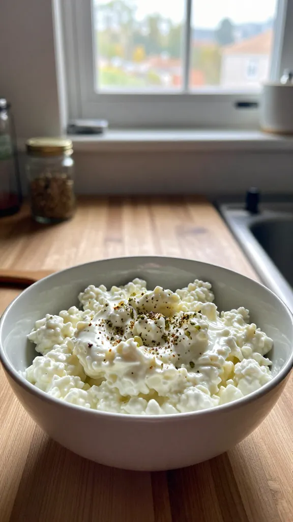 An authentic, unscripted kitchen scene featuring a bowl of cottage cheese blended with herbs and seasonings as the main subject, placed on a casual wooden counter near a sunny window. The photo should look like a real iPhone capture: natural window light, a relaxed, candid composition with slight imperfections. Include subtle phone-camera details such as a few overexposed highlights on the glossy cottage cheese, gentle lens flare from the window, a hint of motion blur from nearby activity, and a grainy texture that varies with the daylight. The horizon line should be gently tilted, and there should be a finger or thumb resting near the edge of the frame or a nearby utensil to imply a quick, in-the-moment shot. The scene should feel minimalist yet homey: no staging, no heavy props, no artificial studio setup. Avoid words like cinematic, 8k, ultra realistic, or professional photography and any obvious AI-generated cues. The image should look like “taken in a hurry,” “shot quickly,” with a natural, compressed 1080p quality and occasional small imperfections such as a fingerprint on the lens and a slight, casual clutter in the background (e.g., a jar seed spice, a blurred mug). No text anywhere in the image. Optional subtle post-processing hint: a tiny touch of smart blur and a soft sharpen to simulate a real-world photo that’s been casually edited. The main subject stays clearly identifiable as cottage cheese with herbs, inviting, mouth-watering yet simple, appealing to muscle gain enthusiasts.