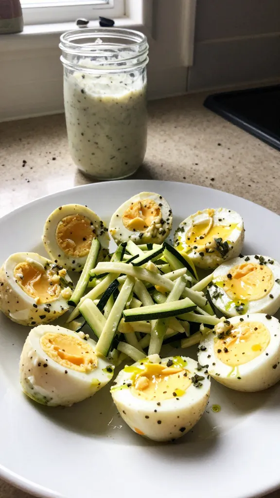 A real, authentic photo of Ranch Kick Vegetarian Medleys bowls featuring bite-sized egg bites with a buttery, ranch-seasoned vibe, showing grated zucchini and a touch of avocado oil in the mixture. The scene is shot casually in natural window light, on a cluttered kitchen counter with a mason jar of ranch seasoning in the background, a sprinkle of herbs, and a few bites arranged on a simple white plate. Slightly imperfect, casual composition with a slightly tilted horizon, tiny camera quirks like faint overexposed highlights, a hint of lens flare from the window, subtle motion blur from a quick hand pickup, and fine grain due to light. The image should feel like a candid iPhone shot, taken in a hurry, with no staging and no visible text, maintaining a compressed, 1080p quality appearance and a fingerprint on the lens subtly present in one corner. Optional light post-processing touches: minimal color correction that keeps natural tones, no heavy AI-style effects, and a slight, everyday-camera softness to enhance realism.