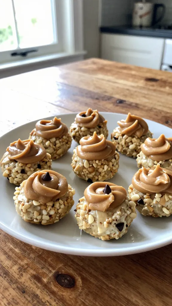 A real-looking photo of a plate of Peanut Butter Swirl Protein Bites sitting on a rustic wooden table near a kitchen window. The bites are small, round, with a light peanut butter swirl visible on top and tiny specks of vanilla and a few mini chocolate chips sprinkled in. The cottage cheese base is subtly visible through a glossy, creamy surface. The scene should feel casual and unposed: natural window light streaming in, a slight tilt—handheld feeling as if captured quickly with an iPhone. Include minor imperfections: a few overexposed highlights on the plate edge, gentle lens flare from the window, a tiny motion blur from a quick snap, and a slight graininess that varies with light. A casual background blur with a hint of kitchen counters and a mug in the distance, but no depth-of-field polish. No text on the image. The image should read as “taken in a hurry,” with a fingerprint on the lens, compressed 1080p quality, and a slight horizon tilt to enhance realism. Optional subtle post-processing hint: mild color boost and a tiny, imperfect sharpen to imitate a quick smartphone edit, while maintaining an authentic, unscripted vibe.
