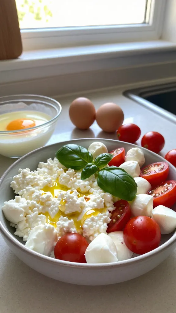 A real, authentic photo on a kitchen counter featuring a bowl of cottage cheese with bright cherry tomatoes, mini mozzarella bits, and a drizzle of basil oil, inspired by a Copycat Caprese Crunch. The scene should convey a summer cafe vibe: fresh basil leaves, light balsamic glaze glint, and a casual, approachable vibe. Ingredients visibly arranged: 1 cup cottage cheese, beaten eggs nearby, halved cherry tomatoes, mini mozzarella pieces, and a drizzle of basil oil. Shot in natural window light with a soft, warm glow, slight imperfect framing, and a casual, no-staging feel. Include subtle real-world imperfections: slightly overexposed highlights from the window, a gentle lens flare, minor motion blur from a light breeze, grain that varies with the daylight, and a slightly tilted horizon. The photo should look like it was taken quickly, with a casual composition, no text, no AI-appearance, and no heavy editing that makes it look staged. Optional subtle post-processing hints: a small touch of smart blur sharpening and color tweaks that keep it realistic, like a compressed 1080p quality screenshot. The main subject is the cottage cheese Caprese bite platter, presented as an everyday, approachable dish, not a studio setup. No text on the image.