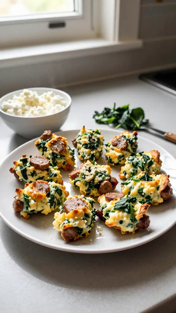 A real-looking, casual photo of a plate of Savory Sausage and Spinach Cottage Cheese Egg Bites, on a simple kitchen counter. The main subject should be the plate of bite-sized quiche-like bites with visible flecks of green spinach, bits of lean sausage, and a subtle Parmesan dusting. The scene includes a small bowl of extra cottage cheese nearby and a lightly sautéed spinach garnish. Use natural window light from the side, with soft, imperfect shadows and a warm, homey tone. Include slightly overexposed highlights on the plate edge, a faint lens flare from the window, and a tiny bit of motion blur on a nearby utensil to convey “taken in a hurry.” The horizon should be slightly tilted, and there should be a faint fingerprint smear on the lens and a touch of grain that varies with light to emphasize a real snapshot. The image should feel like a quick iPhone snap, with no staging, no obvious AI polish, and no text overlay. It should look like compressed, 1080p quality, as if captured in a real morning rush, with natural imperfections and a casual, lived-in kitchen vibe. Optional subtle, minimal post-processing hints: slight smart blur with light sharpening and a flat color tweak, but nothing overt. No words or branding; just the authentic plate and surrounding kitchen items.