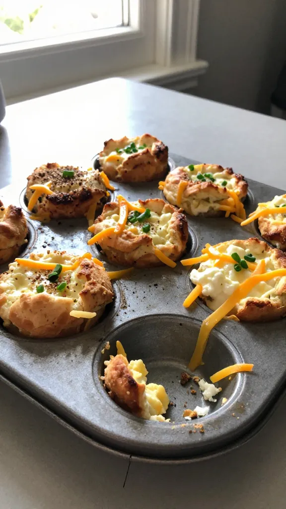 A real, authentic photo of cottage cheese egg bites inspired by the Everything Bagel Sheen, plated as bite-sized mini muffins. The scene shows a small, imperfect breakfast setup on a kitchen counter near natural window light. The bites are puffy and golden, with visible crunchy edges, melted shredded cheddar oozing slightly, and tiny green chives sprinkled on top. Include Everything bagel seasoning visible on the tops. Use casual, unposed composition: a chipped ceramic plate or muffin tin with a few bites removed, some crumbs, and a small drizzle of melted cheese on the plate. The photo should feel spontaneous and unpolished, as if snapped quickly with an iPhone: slight overexposed highlights from window light, a hint of lens flare, minor motion blur from a casual hand, subtle grain that varies with the lighting, and a gently tilted horizon. No text in the image. Capture a likeness of a real kitchen moment: fingerprint on the lens, no staging, “taken in a hurry,” compressed 1080p quality, no cinematic or studio cues, slightly imperfect color rendering, maybe a hint of post-processing that's minimal and realistic.