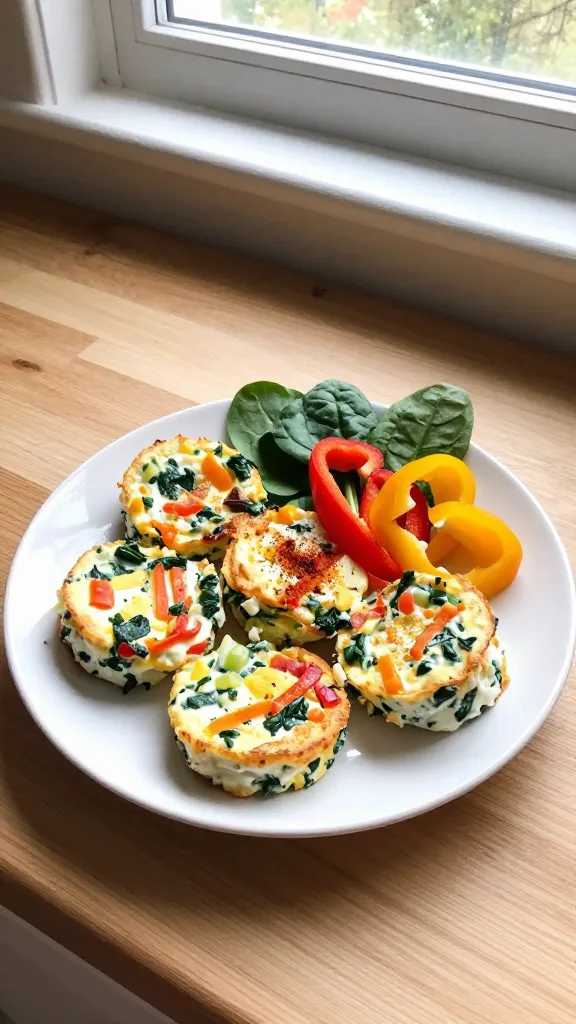 Sunrise Veggie Deluxe cottage cheese egg bites on a simple, rustic white plate set on a light wooden kitchen counter near a sunny window. The plate shows a small stack of fluffy, eggy bites with visible colorful diced bell peppers, onions, and chopped spinach folded into creamy cottage cheese base, lightly baked to set with a gentle golden edge. Fresh peppers and greens nearby for color: red and yellow bell peppers sliced, a few wilted spinach leaves, and a sprinkle of paprika on top for warmth. Casual, candid kitchen scene: a slightly imperfect, real-life vibe as if photographed quickly on an iPhone. Natural window light streaming in, soft shadowing, slight overexposure on the plate highlights, a touch of lens flare from the window, and a faint, natural grain. Slightly crooked horizon from a handheld shot, minor motion blur from a quick snap, fingerprint smear on the lens corner, and no staging or artificial setup. The image looks like 1080p quality, screenshot-like and compressed, with a casual, no-text, authentic feel. Subtle post-processing hint: minor smart blur with gentle sharpening and color pull to enhance the cottage cheese silkiness without looking artificial. No words visible on the image.