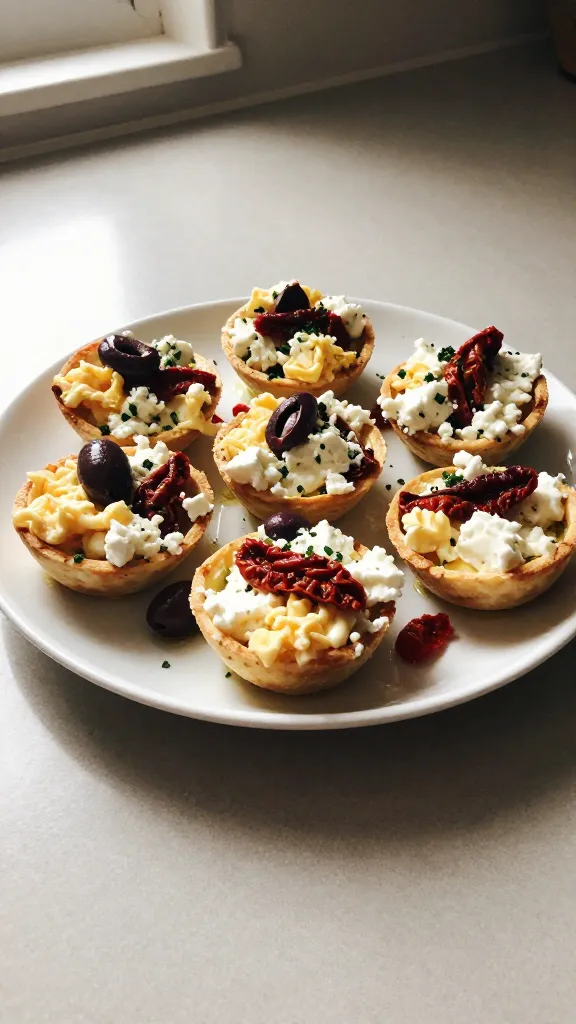 A candid, real-photo style shot of a tray of Mediterranean Zest cottage cheese egg bites on a simple kitchen counter, featuring crumbled feta, Kalamata olives, and sun-dried tomatoes visibly folded into creamy cottage cheese and eggs. The bites are arranged casually on a small white ceramic plate with a few olives and tomato pieces nearby, hints of parsley dusting, and a light drizzle of olive oil. The scene is lit with natural window light from the left, casting soft shadows and a warm, slightly golden tone. Include subtle iPhone-era imperfections: tiny lens flare in the corner, a touch of overexposed highlights on the plate, a faint fingerprint smear on the lens area, and a slight tilt to the horizon. The photo should feel like a quick snap taken in a hurry, with no staging, not hyper-done, and with a realistic, slightly grainy texture that varies with light. No text visible in the image. Optional subtle post-processing hints: compressed 1080p quality look, a hint of mild smart blur and minor sharpening, and a desaturated overall balance to mimic a pre-processed phone photo.