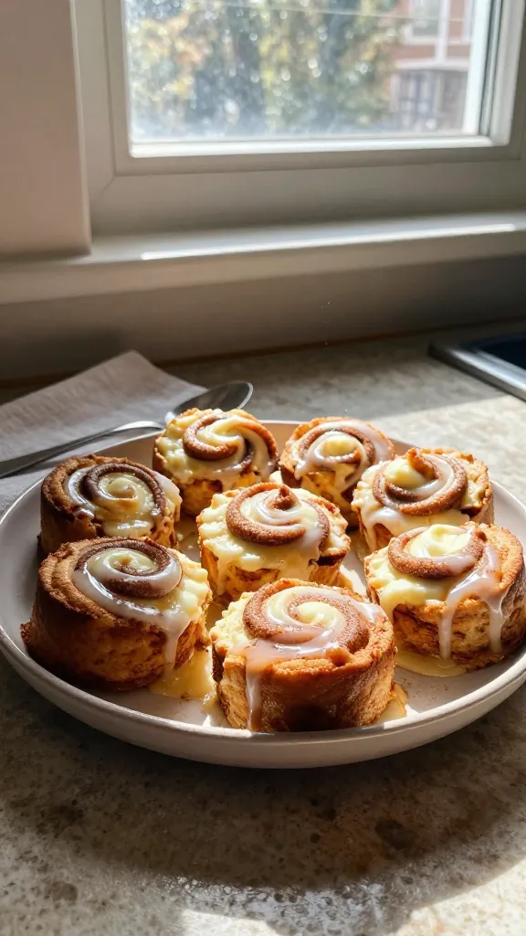 A real, authentic photo of a bowl or plate of Sweet Cinnamon Swirl cottage cheese egg bites arranged casually on a rustic kitchen counter by a sunlit window. The bites should look soft, cake-like with a creamy center, featuring a light maple glaze glaze swirled on top and a subtle cinnamon-vanilla aroma. Include a small spoon or napkin for a casual, lived-in vibe. Natural window light creates gentle shadows and a warm, inviting tone. Slight overexposed highlights on glossy glaze, tiny lens flare from the window, a faint fingerprint smear or smudge on the lens, minor motion blur from an in-progress shot, and a slightly tilted horizon to enhance realism. The scene appears photographed quickly, no staging, with a casual, everyday kitchen feel. Subtle grain varies with light, 1080p quality, no text, no words, no labels. Optional subtle post-processing to mimic a real photo: small smart blur tweaks and a flat color patch to resemble a quick smartphone edit, while retaining a raw, imperfect charm.
