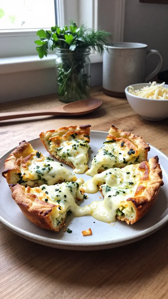 A real, authentic photo of Cheesy Herb Frittata Minis arranged on a small, imperfect ceramic plate with a few bites taken, featuring a close-up that shows the tiny, puffed edges and melted mozzarella threads, baked golden around the edges. The plate sits on a rustic wooden kitchen counter near a bright window, capturing natural daylight that creates soft shadows and gentle highlights. Include casual, everyday kitchen elements in the background—a wooden spoon, a glass jar with fresh parsley and dill, a chipped mug, and a small bowl of shredded cheese—to convey a cozy café kitchen vibe. Shot quickly, no staging, with a slightly off-center, candid composition. Slight overexposed highlights where the light hits the cheese, minor lens flare from the window, subtle grain, and a gently tilted horizon. The photo should feel like it’s taken with a phone in casual use, with fingerprint marks on the lens, slight motion blur from a moving hand or steam, and overall 1080p-like quality. No text, no post-production that screams AI, just a natural, everyday moment as if captured in a hurry. Optional very light, natural warmth from a quick color tweak, but no heavy editing or studio look.
