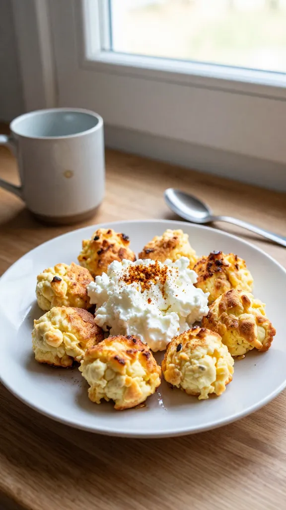 A real, authentic photo of Classic Creamy Cottage Cheese Sunrise Bites plated on a simple, imperfect kitchen setting. The scene shows a light, airy plate of fluffy egg bites with a dollop of cottage cheese, garnished with a tiny sprinkle of garlic salt and a pinch of smoked paprika for color. The plate rests on a wooden countertop beside a softly lit window, with natural daylight streaming in and creating gentle, slightly overexposed highlights. A chipped ceramic mug and a small spoon lie nearby, conveying everyday breakfast vibes. The shot is taken in a hurry, no staging, with casual composition: imperfect angles, a faint tilt of the horizon, and a subtle fingerprint on the lens. The image should feel like a quick iPhone capture—compressed 1080p quality, minor motion blur from a quick hand movement, mild grain from light variation, and a touch of lens flare from the window. No text or branding, no cinematic or hyper-real descriptors. If any post-processing hint is present, it’s a light, natural look: scaled down and up again with a tiny smart blur and sharpening, and a flat, slightly desaturated color tone that still preserves warm cottage cheese hues. Ensure the main subject – the cottage cheese sunrise bites – is clearly visible and centered enough to read as the focal point, with realistic imperfections that keep it grounded in a real kitchen moment.