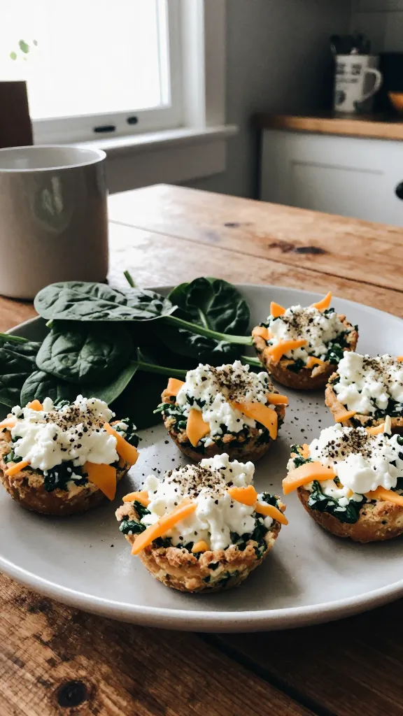A real, authentic photo of Spinach & Cheddar Cottage Cheese Bites on a casual breakfast setup, featuring fresh spinach leaves and cracked black pepper. Shot with natural window light, in a cozy kitchen/breakfast nook, with a slightly imperfect, no-staging vibe. The main subject resembles mini quiche-like bites: green spinach specks, melted sharp cheddar, creamy cottage cheese filling, presented on a simple plate with a few bites arranged, a small pile of fresh spinach on the side, and a gentle sprinkle of pepper. Include elements like a chipped mug or a rustic wooden table, a blurred background hinting at a kitchen scene, and the tiny imperfections of everyday photography: overexposed highlights from the window, a faint lens flare, minor motion blur from a hand placed near the dish, natural grain, and a slightly tilted horizon. The shot should feel like it was taken quickly with an iPhone, no staging, no words on the image, with a compressed 1080p quality look. Optional subtle post-processing hints: a small touch of smart blur and selective sharpening, slight recolor to a flat, natural tone, and a minor scaling artifact to suggest a screenshot-like quality. No text on image.
