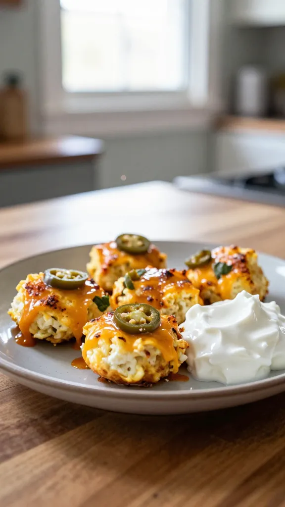 A real, authentic photo of zesty Tex-Mex egg bites on a casual breakfast setup, using cottage cheese to balance spice. The main subject is a small plate of fluffy egg bites visible with melted cheese, bits of jalapeño, and a dollop of cool Greek yogurt on the side. The scene is captured in natural window light with a softly blurred kitchen background, a mismatched ceramic plate, and a wooden countertop. Subtle, imperfect details: slight overexposed highlights from the window, a small lens flare, a tiny bit of motion blur from a casual reach, grain that varies with the light, and a slightly tilted horizon. The shot feels un-staged, as if taken in a hurry, not AI-produced, with fingerprints on the lens and a casual, everyday vibe. The image should look compressed, 1080p quality, like a quick smartphone capture, without any text, cinematic terms, or studio lighting. Optional light post-processing hints: gentle color tweaks, slight blur/sharpen combination, no dramatic enhancements. The main subject: zesty Tex-Mex egg bites featuring cottage cheese for a creamy, cooling balance, ready to eat, inviting a quick, power-packed breakfast.