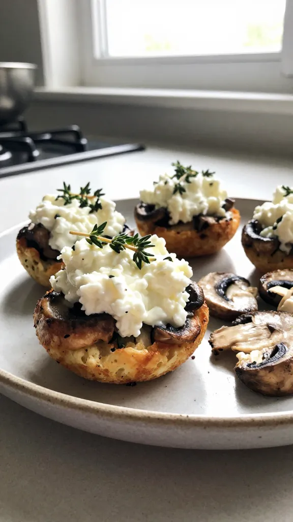 A real-looking photo of Mushroom & Thyme Dream Bites: a close-up scene featuring savory bites with golden, sautéed mushrooms and a creamy cottage cheese filling, garnished with fresh thyme sprigs. Set on a simple kitchen counter with natural window light streaming in, casual, imperfect composition as if shot quickly in an everyday home setting. The main subject is the bite itself on a small rustic plate, with a few bites sliced open to reveal the pale cottage cheese center and mushroom edges. Slightly imperfect elements: a tiny fingerprint on the lens, gentle overexposed highlights from the sun, a hint of lens flare, subtle motion blur from a slight hand shake, and a softly grainy texture that varies with the light. Horizon tilt is present but modest, no staging or professional setup. The image should feel like an authentic iPhone photo in 1080p quality, captured in a hurry with no text overlays, avoiding cinematic or studio descriptors, and avoiding any mention of AI-style attributes. Optional subtle post-processing smell: a light, natural tweak that keeps it looking real and unpolished, not overly clean or perfected.