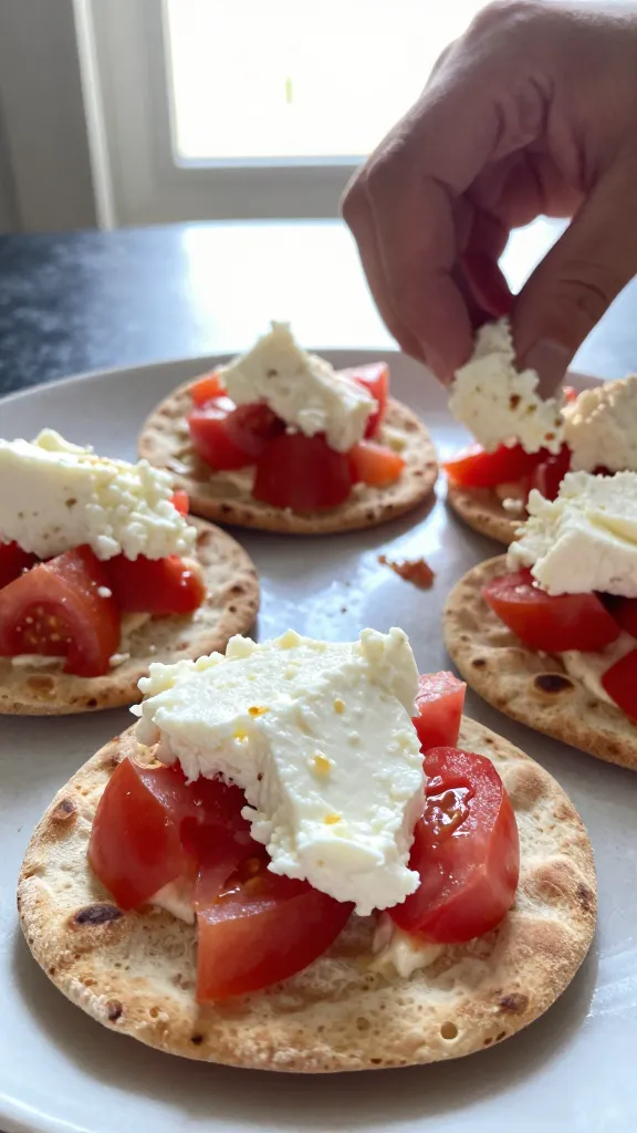 A close-up, realistic photo of Feta-Infused Garden Bites: bright white cottage cheese topped with crumbled feta pockets and diced tomatoes, arranged casually on a rustic pita or plate with a Mediterranean vibe. The scene is shot in natural window light, imperfect and candid, as if someone snapped it quickly in a kitchen. Slight overexposed highlights on the feta, soft lens flare from a sunny window, and a subtle tilt to the horizon. A few crumbs and a tiny smear of tomato juice add authenticity. Imperfect, everyday details: a fingerprint on the lens, minor motion blur of hands reaching for a bite, grain visible in brighter areas, and a compressed, 1080p quality look. No staging, no words, no text on the image. Optional light post-processing hints: small smart blur with light sharpening, gentle color adjustments to emphasize the feta and tomato contrast, kept subtle to maintain a natural, unpolished feel. The main subject—Five to six bite-sized feta-cottage cheese treats with a Mediterranean flair—is clearly the focus, presented as part of a quick, colorful breakfast or snack.