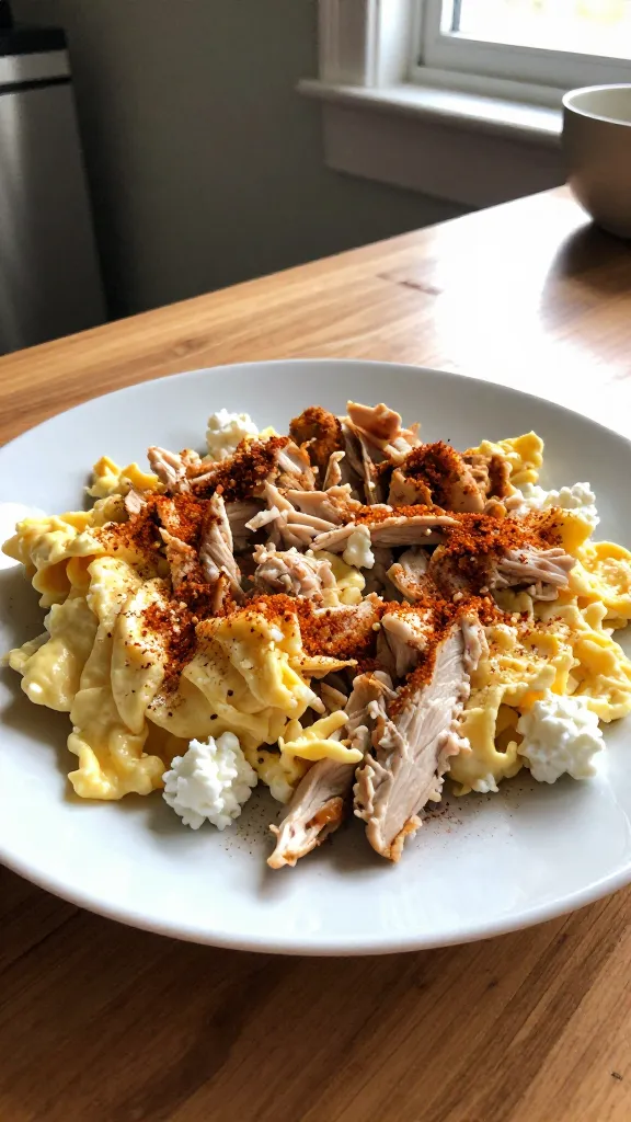 A real, authentic photo of Smoky Paprika Chicken Bites as the main subject, captured as if with an iPhone in a casual kitchen moment. The plate shows shredded chicken folded into light eggs and cottage cheese, with a visible dusting of smoked paprika and garlic powder. The scene is lit by natural window light, casting gentle, uneven shadows and a warm, homey glow. Composition is casual and unposed: a slightly imperfect, everyday kitchen counter or wooden table, with a hint of an open fridge or a bowl in the background. Subtle, natural imperfections: a few overexposed highlights on the glossy plate edge, tiny lens flare from the window, slight motion blur from a handheld shot, grain that varies with the light, and a slightly tilted horizon. No staging or studio setup; looks like a quick snapshot taken in a hurry. No text on the image. Optional subtle post-processing hint: slight color shifts and light touch to mimic a phone photo, as if scaled down and up again, with a hint of blur and sharpening. Aim for compressed, 1080p quality, finger‑print on the lens feel, and overall authentic imperfection.
