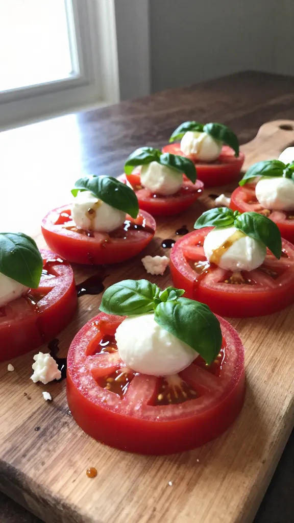 A real, authentic iPhone-style photo of Caprese Craze Bites: fresh tomato slices, small mozzarella pearls, and bright basil leaves arranged with dollops of cottage cheese, all arranged as quick, casual bites on a rustic wooden board. Include a light balsamic drizzle glistening over the plate and a few scattered cottage cheese crumbles for texture. Natural window light streaming from the side, casual, imperfect composition as if taken in a hurry—no staging, no studio setup. Subtle, realistic camera imperfections: slightly overexposed highlights on the tomato skins, a touch of lens flare near the edge, minor motion blur from a slight hand shake, and grain that varies with the light. Horizon gently tilted, minor fingerprints on the camera lens, and a compressed 1080p quality feel to mimic a quick smartphone shot. No text on the image. Optional subtle post-processing hint: a tiny touch of smart blur sharpened in places, with colors slightly flattened to resemble a casual, screenshot-like capture. The main subject remains the Caprese bites featuring tomato, mozzarella, basil, and cottage cheese for a sunny, summery vibe.
